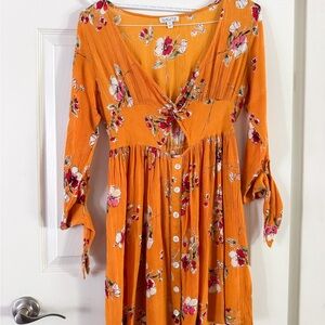 Patrons of Piece Orange Sundress with Bishop Sleeves, ptp 17”, XS